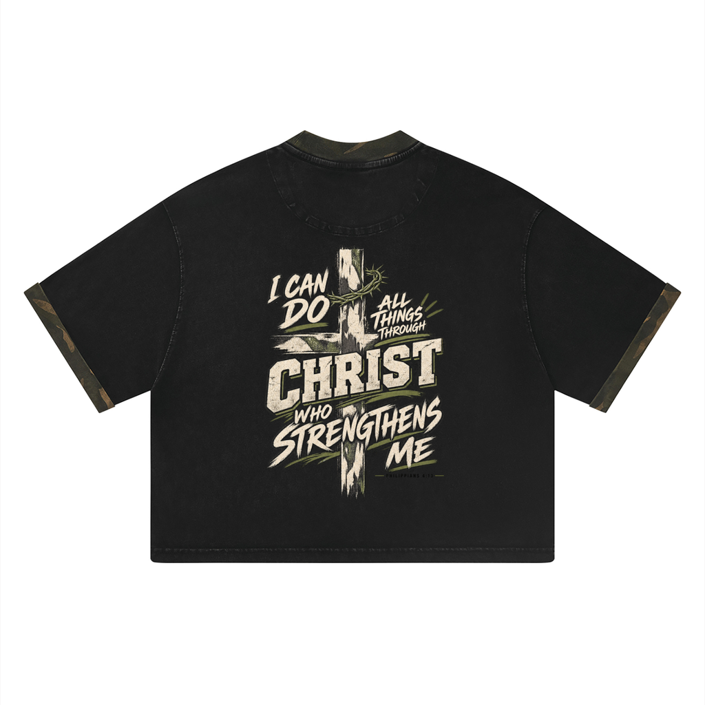 Christ Strengthens Me Camo Mineral Washed Boxy Panel T-Shirt
