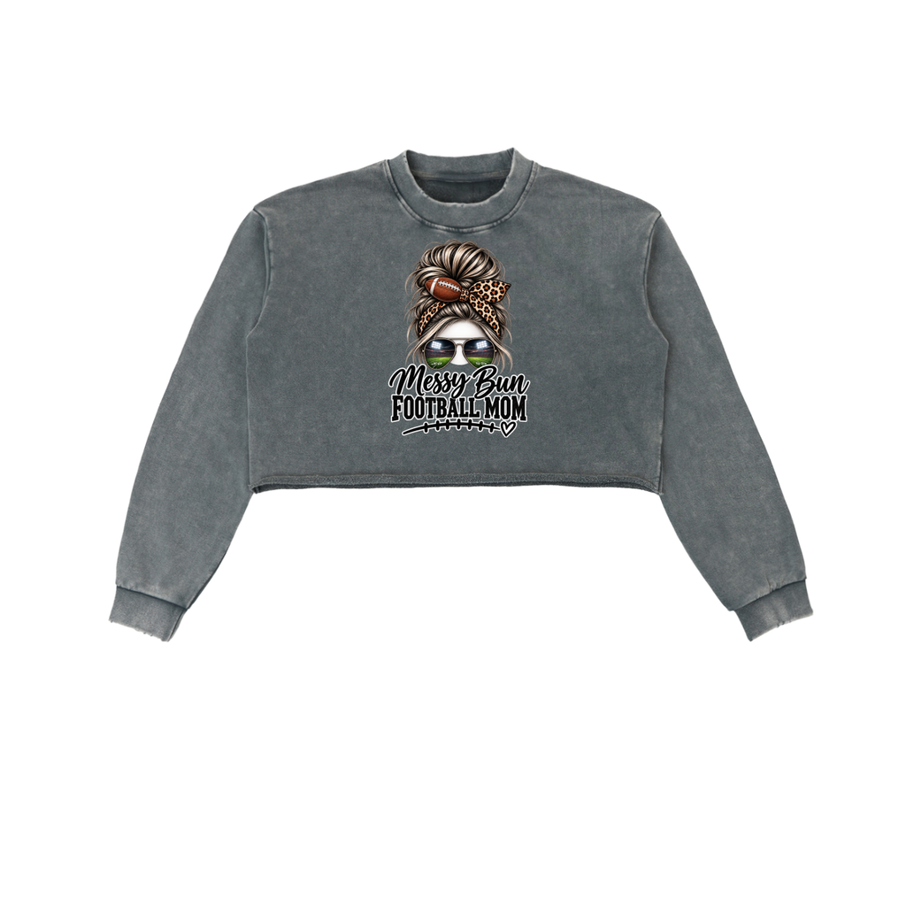 Messy Bun Football Mom Snow Washed Raw Edge Cropped Sweatshirt