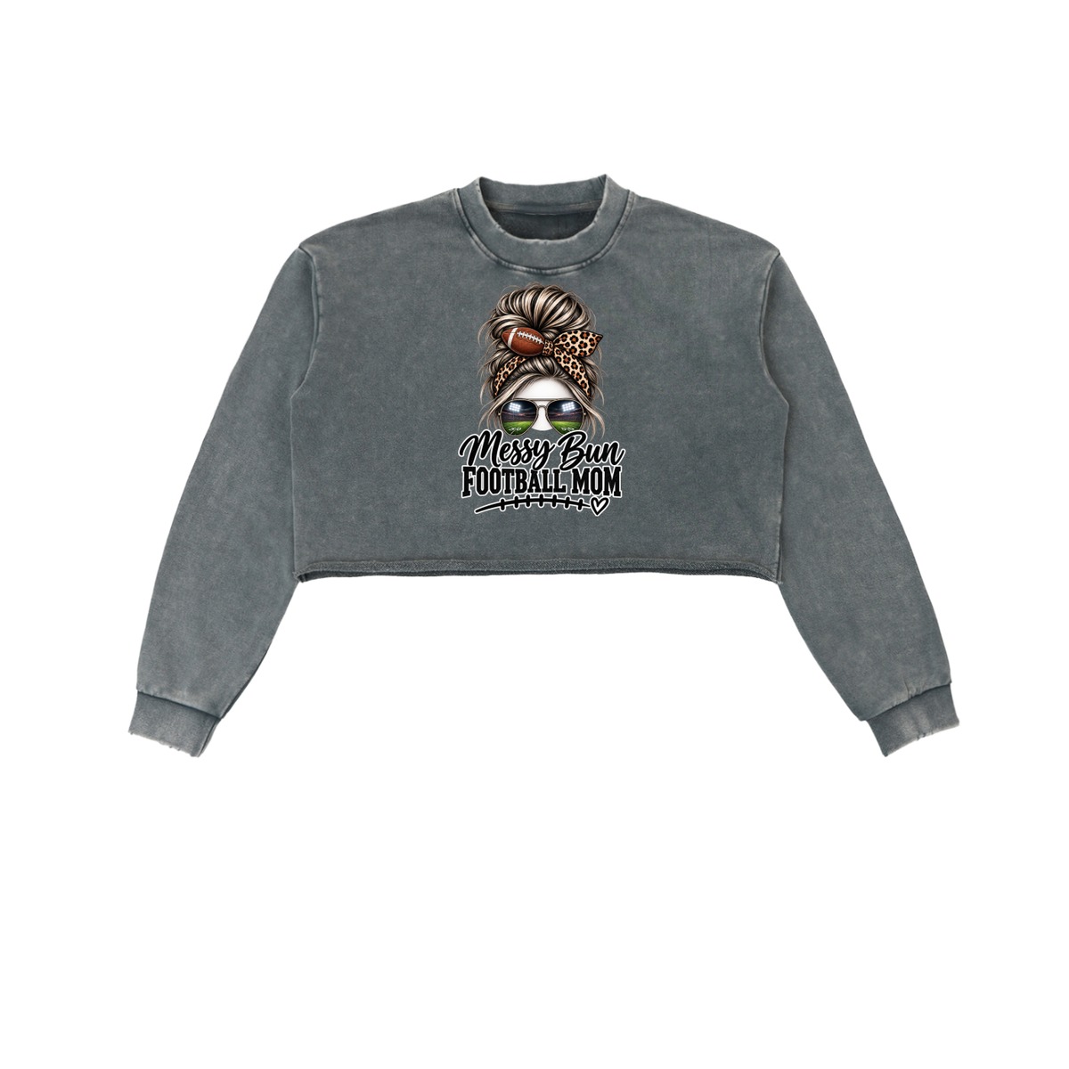 Messy Bun Football Mom Snow Washed Raw Edge Cropped Sweatshirt