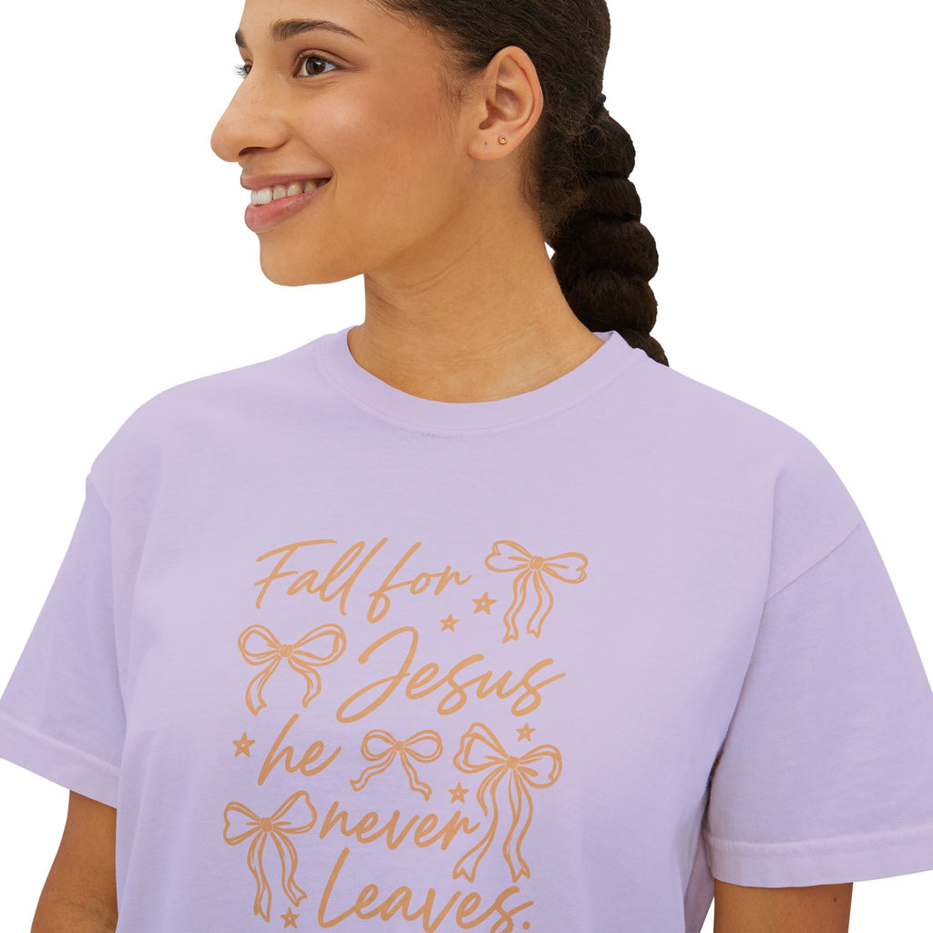 Women's Boxy Tee — "Fall for Jesus He Never Leaves" Faith Graphic Tee