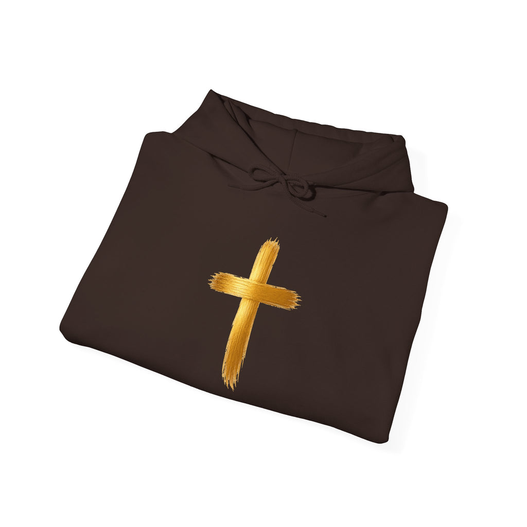 Christian Hoodie - Gold Brush Cross & “Jesus I Follow” Inspirational Pullover