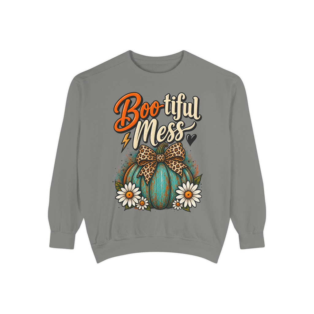 Boo-tiful Mess Sweatshirt – Teal Pumpkin with Leopard Bow & Daisies