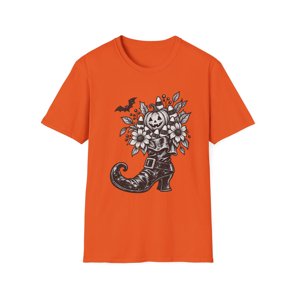 Halloween Boot Bouquet T‑Shirt — Pumpkin, Candy Corn & Bat Graphic
