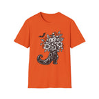 Halloween Boot Bouquet T‑Shirt — Pumpkin, Candy Corn & Bat Graphic