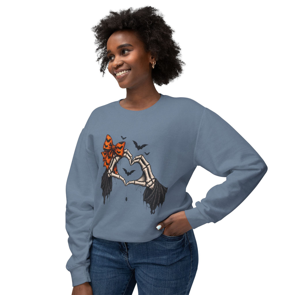 Halloween Skeleton Hands Crewneck Sweatshirt — Spooky Heart & Bat Design