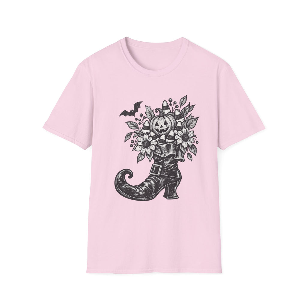 Halloween Boot Bouquet T‑Shirt — Pumpkin, Candy Corn & Bat Graphic