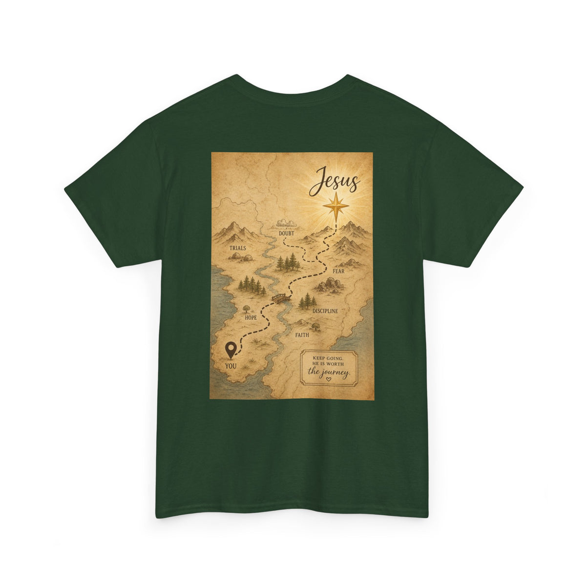 Christian Journey Tee — "Jesus is the Way" Map Back Print, Cross Chest Graphic