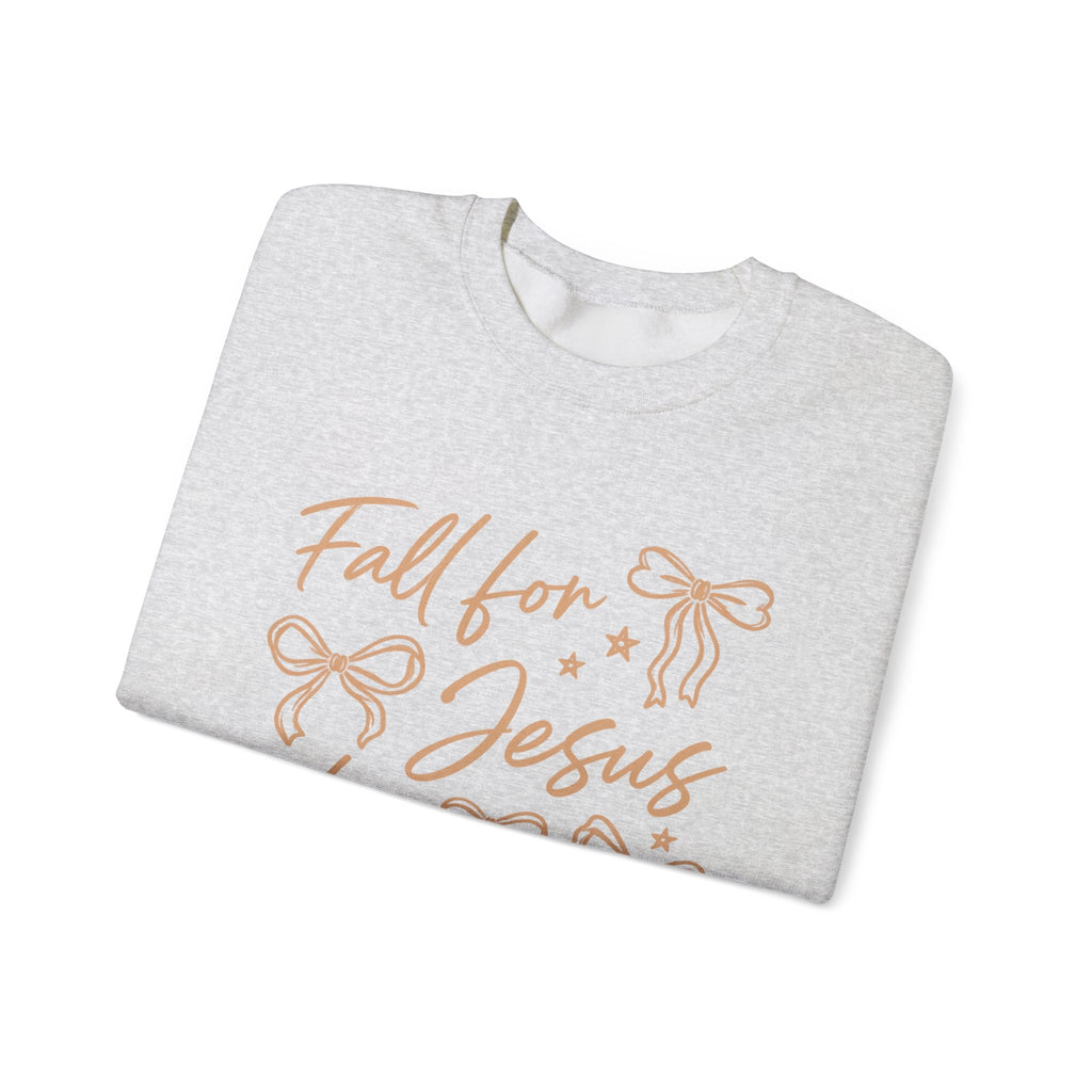 Christian Crewneck Sweatshirt – “Fall for Jesus, He Never Leaves” Autumn Faith Pullover