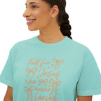 Women's Boxy Tee — "Fall for Jesus He Never Leaves" Faith Graphic Tee