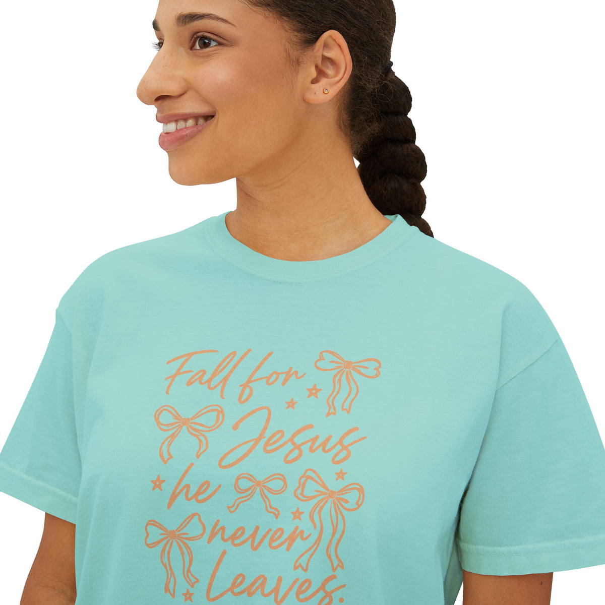 Women's Boxy Tee — "Fall for Jesus He Never Leaves" Faith Graphic Tee