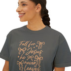 Women's Boxy Tee — "Fall for Jesus He Never Leaves" Faith Graphic Tee