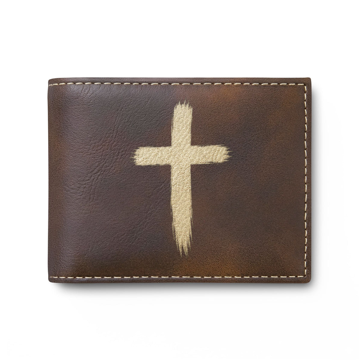 Leather Bi-Fold Wallet with Black Brushstroke Cross — Christian Gift