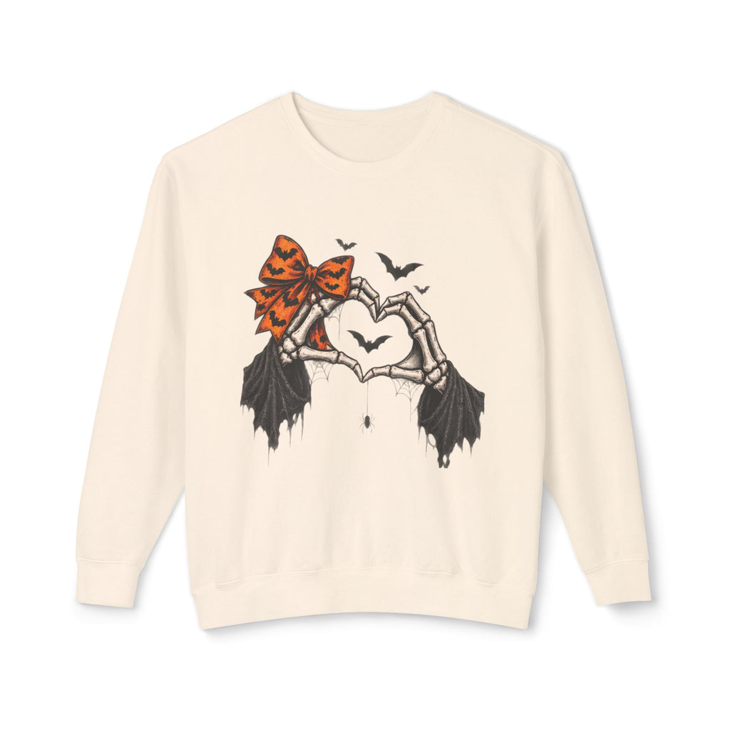 Halloween Skeleton Hands Crewneck Sweatshirt — Spooky Heart & Bat Design
