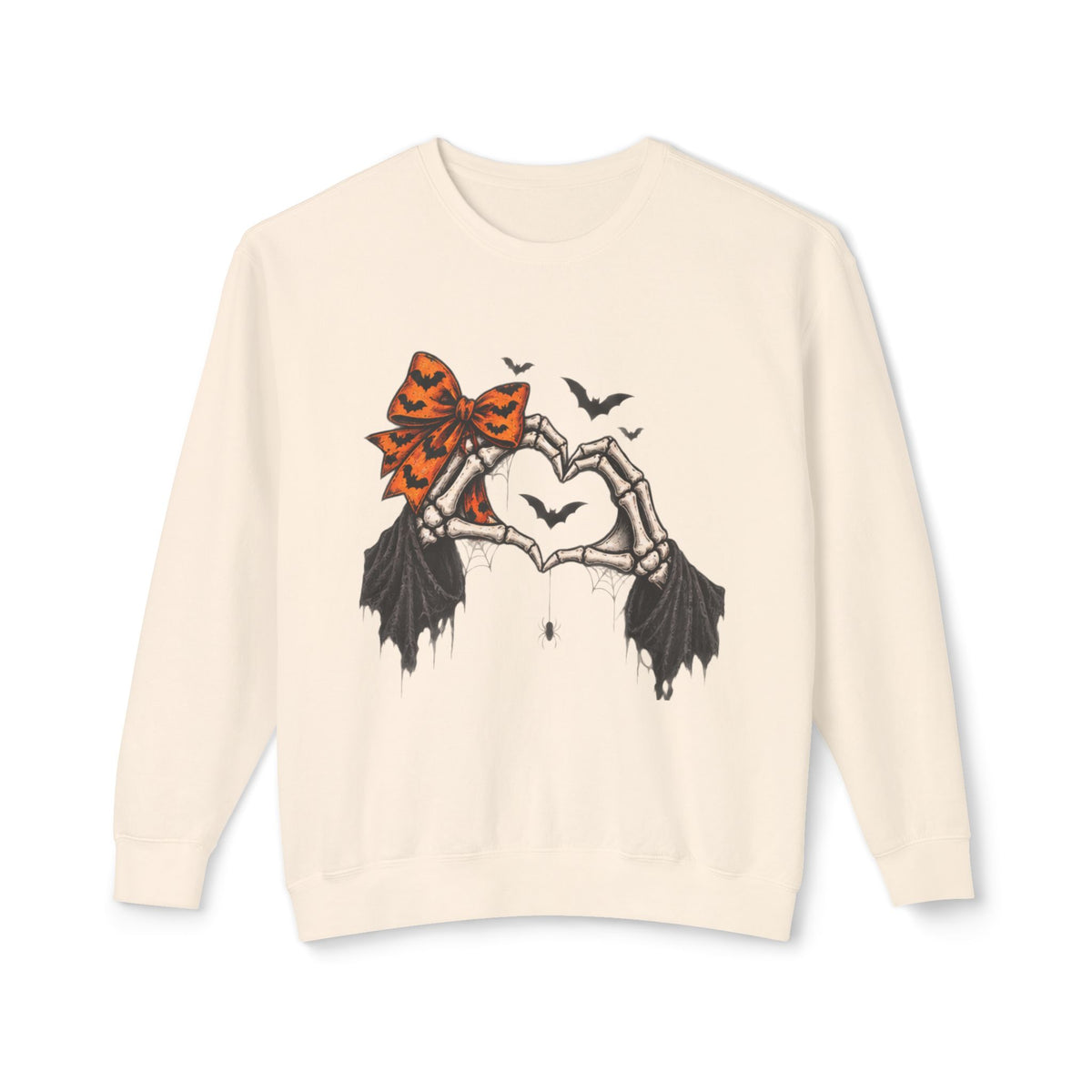 Halloween Skeleton Hands Crewneck Sweatshirt — Spooky Heart & Bat Design