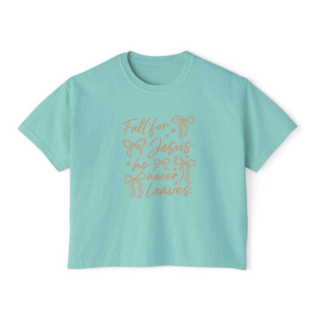 Women's Boxy Tee — "Fall for Jesus He Never Leaves" Faith Graphic Tee