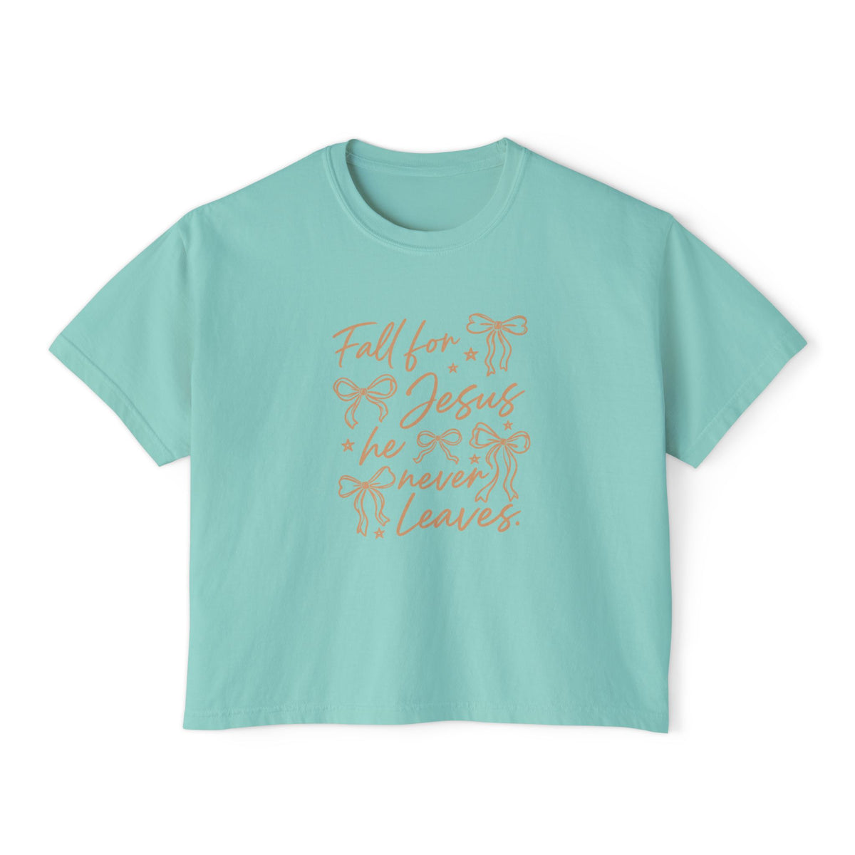 Women's Boxy Tee — "Fall for Jesus He Never Leaves" Faith Graphic Tee