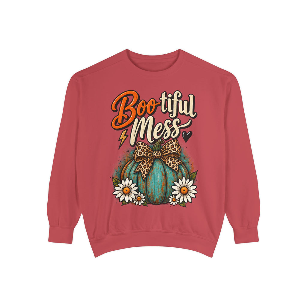 Boo-tiful Mess Sweatshirt – Teal Pumpkin with Leopard Bow & Daisies