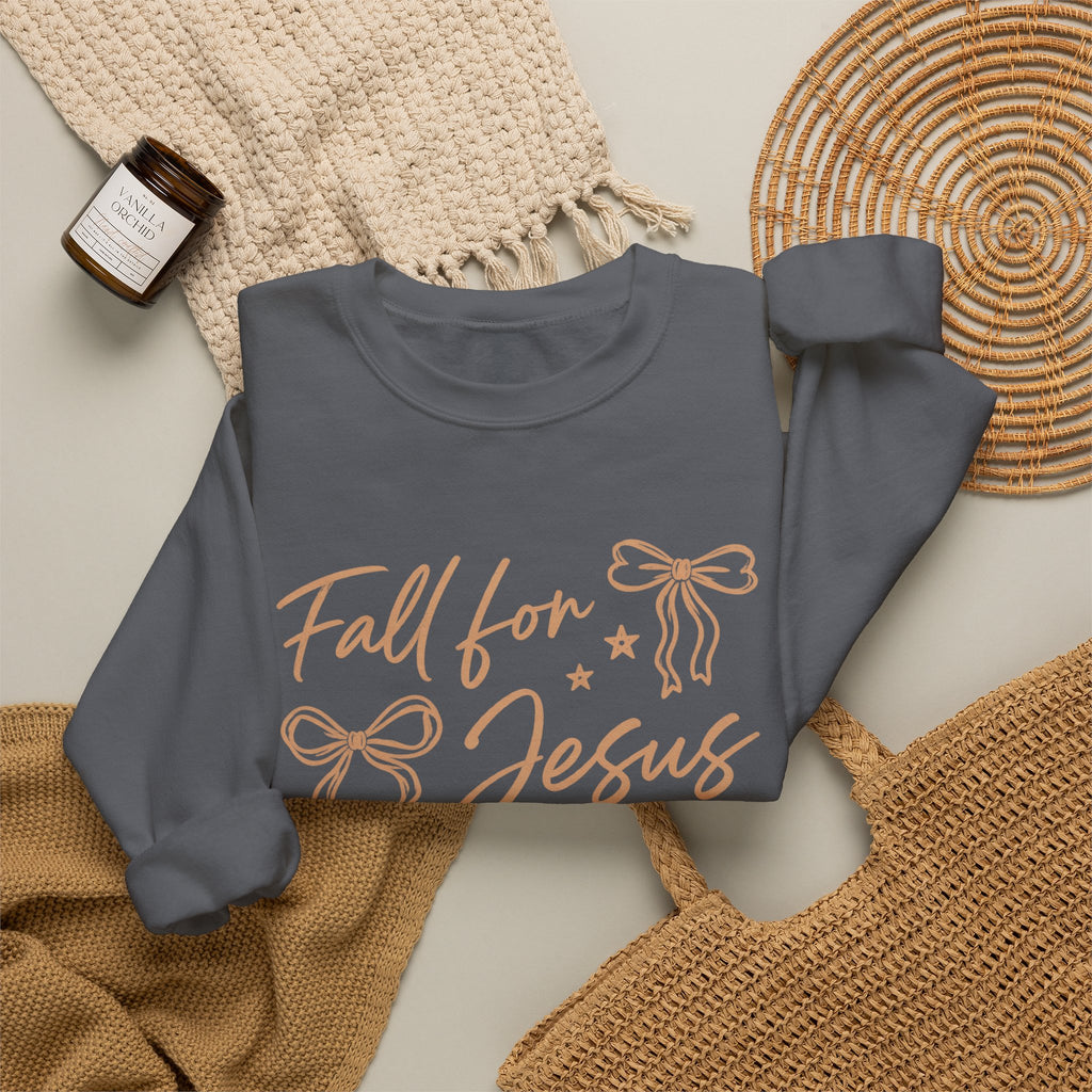 Christian Crewneck Sweatshirt – “Fall for Jesus, He Never Leaves” Autumn Faith Pullover