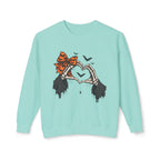 Halloween Skeleton Hands Crewneck Sweatshirt — Spooky Heart & Bat Design