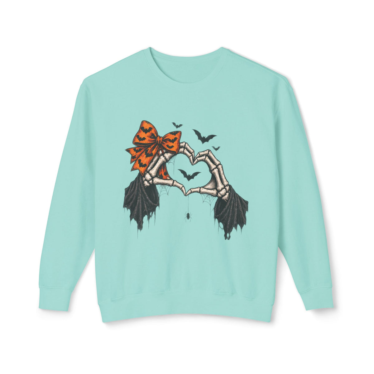 Halloween Skeleton Hands Crewneck Sweatshirt — Spooky Heart & Bat Design
