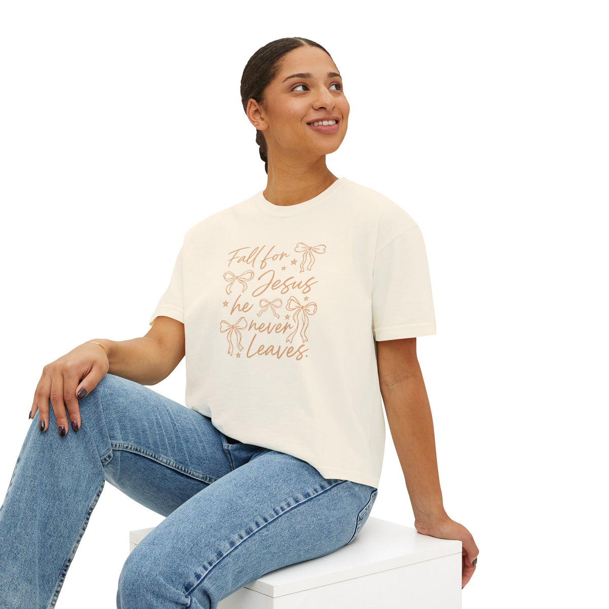 Women's Boxy Tee — "Fall for Jesus He Never Leaves" Faith Graphic Tee