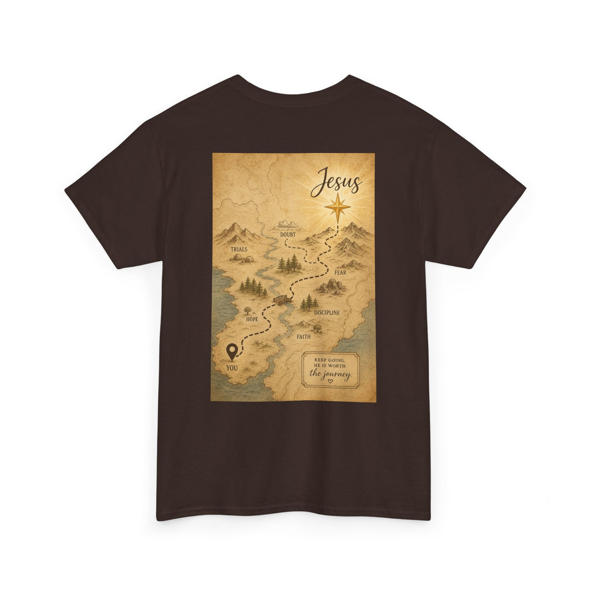 Christian Journey Tee — "Jesus is the Way" Map Back Print, Cross Chest Graphic