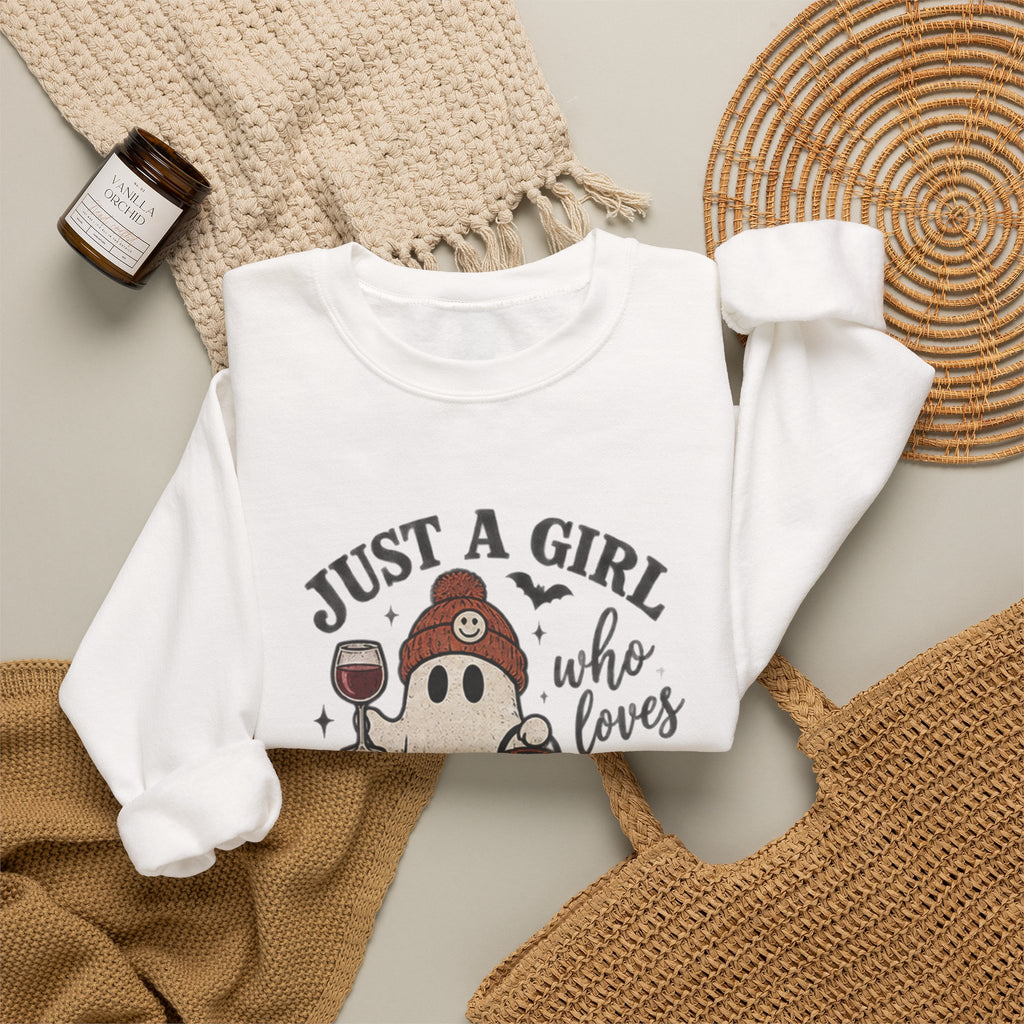 Halloween Wine Sweatshirt — “Just a Girl Who Loves Wine & Halloween” Crewneck