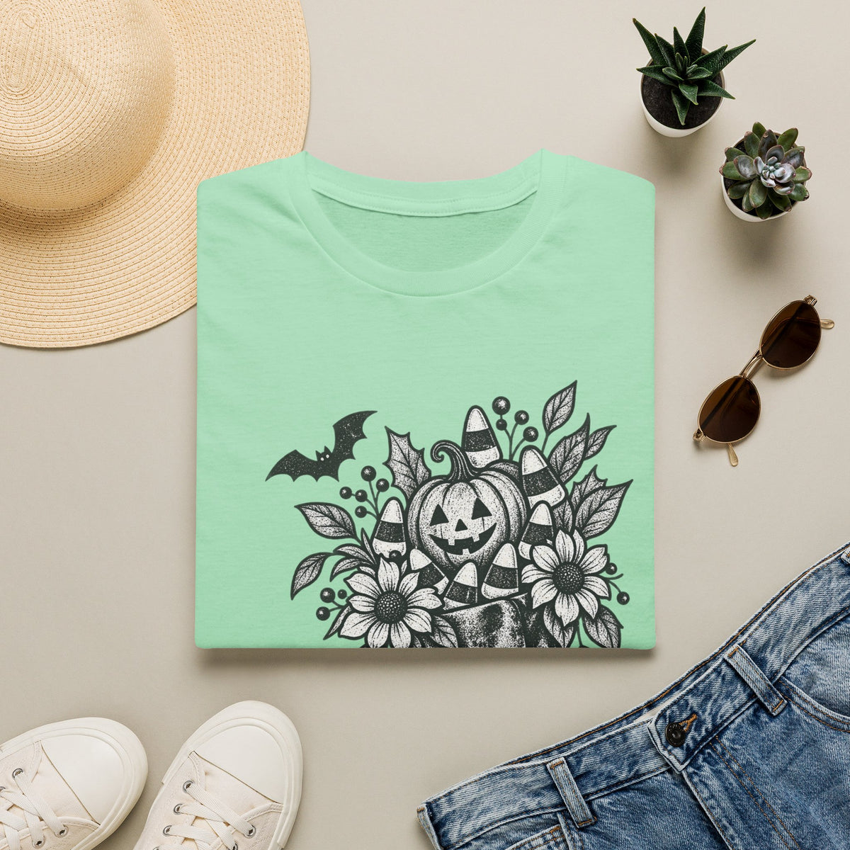 Halloween Boot Bouquet T‑Shirt — Pumpkin, Candy Corn & Bat Graphic