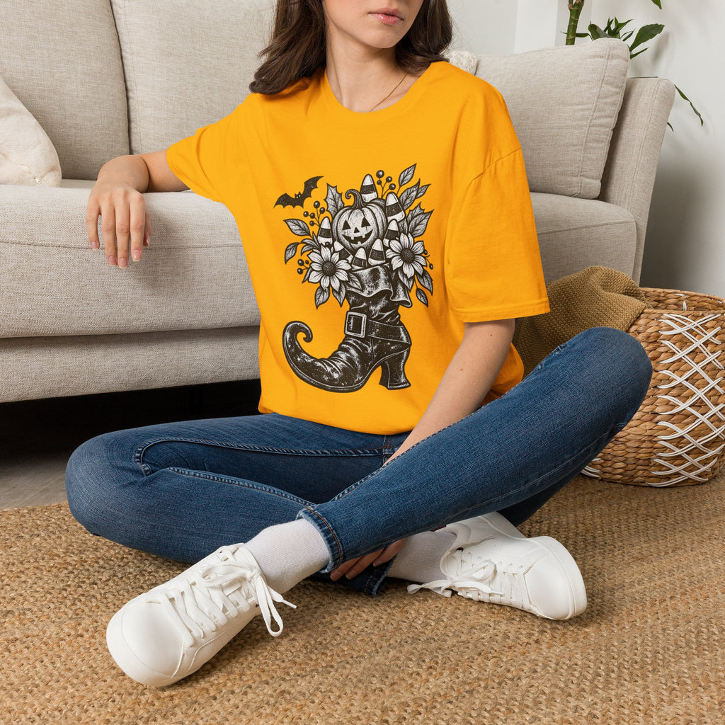 Halloween Boot Bouquet T‑Shirt — Pumpkin, Candy Corn & Bat Graphic