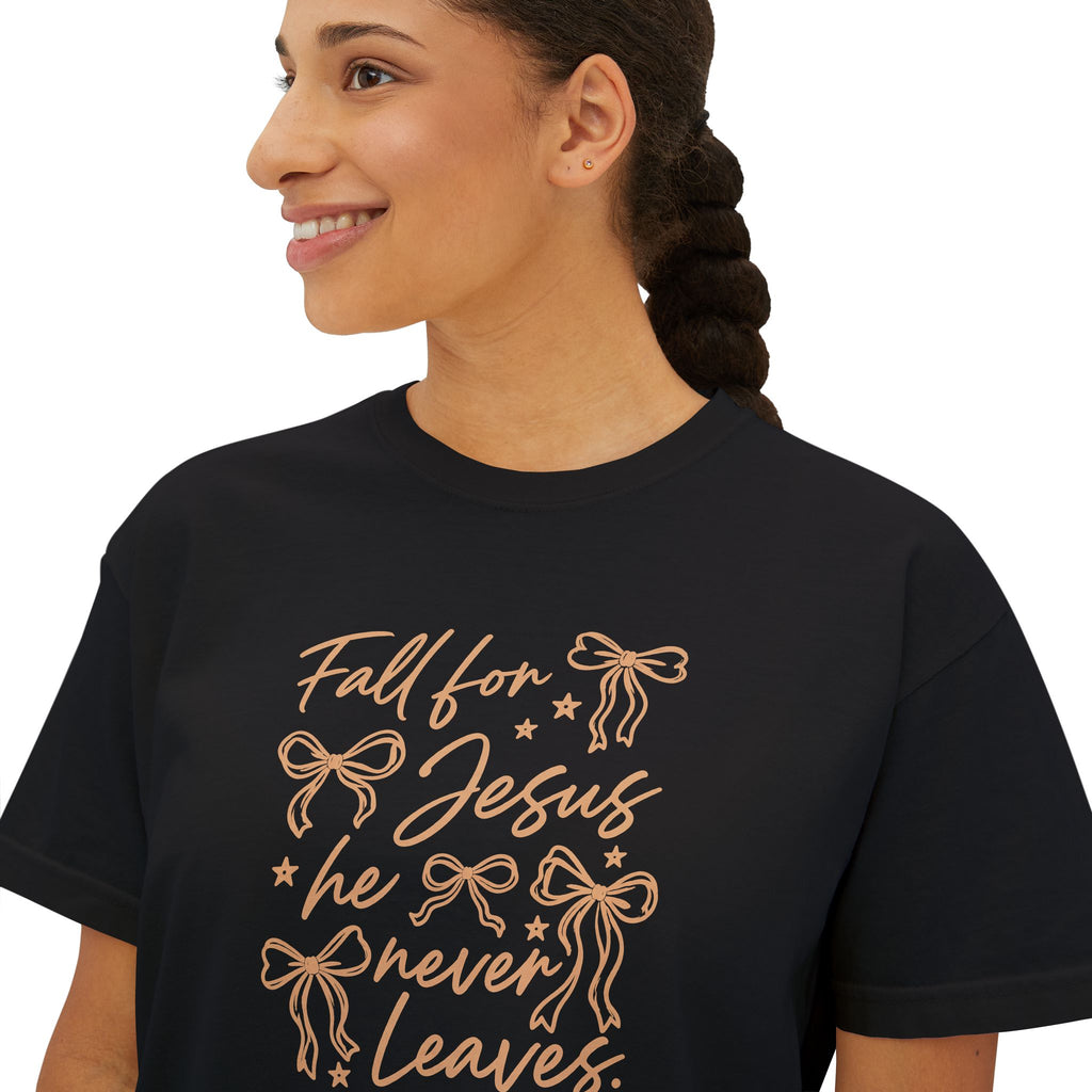 Women's Boxy Tee — "Fall for Jesus He Never Leaves" Faith Graphic Tee