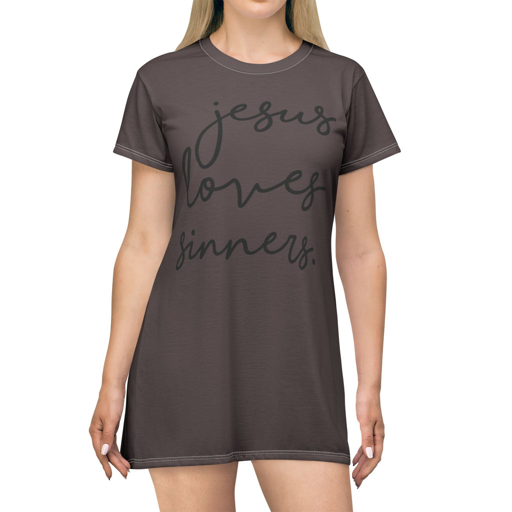 Jesus Loves Sinners T‑Shirt Dress – Faith Graphic Dress for Women