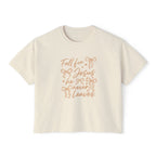 Women's Boxy Tee — "Fall for Jesus He Never Leaves" Faith Graphic Tee