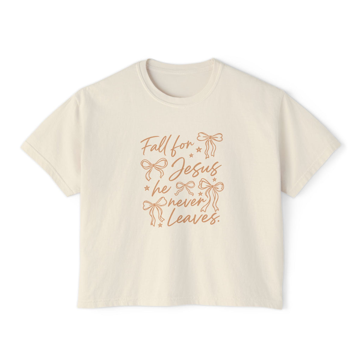 Women's Boxy Tee — "Fall for Jesus He Never Leaves" Faith Graphic Tee