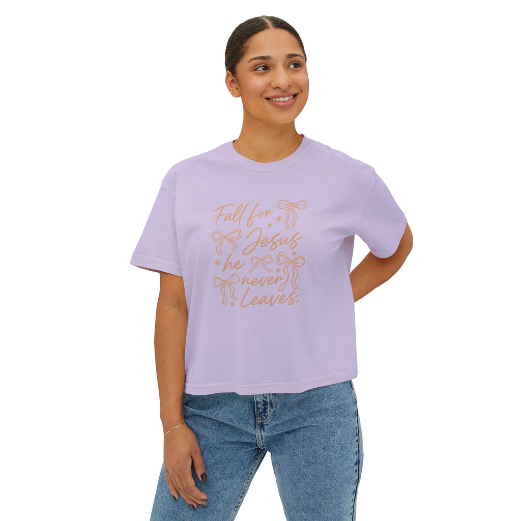 Women's Boxy Tee — "Fall for Jesus He Never Leaves" Faith Graphic Tee