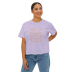 Women's Boxy Tee — "Fall for Jesus He Never Leaves" Faith Graphic Tee