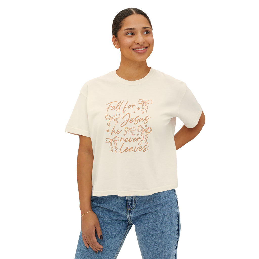 Women's Boxy Tee — "Fall for Jesus He Never Leaves" Faith Graphic Tee
