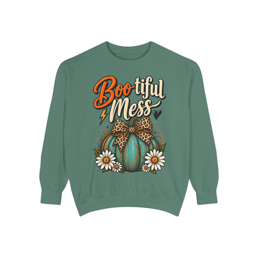 Boo-tiful Mess Sweatshirt – Teal Pumpkin with Leopard Bow & Daisies