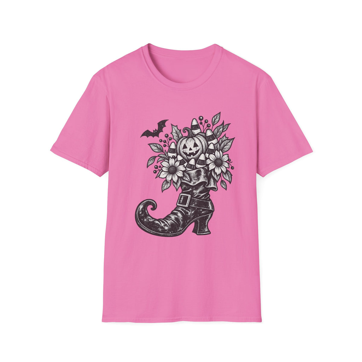 Halloween Boot Bouquet T‑Shirt — Pumpkin, Candy Corn & Bat Graphic