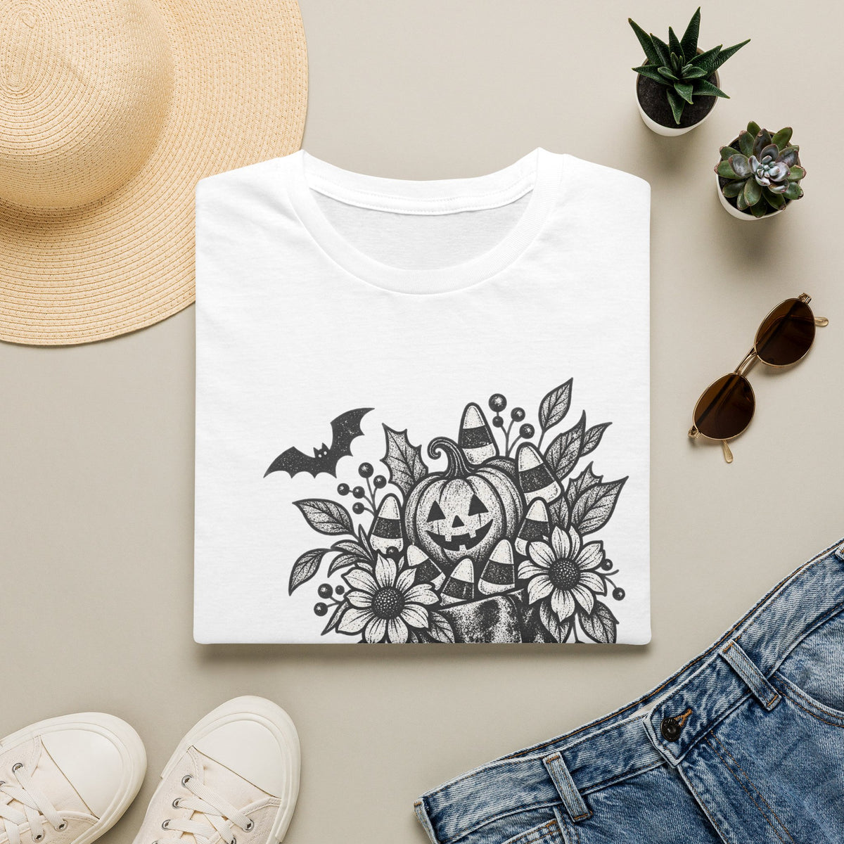 Halloween Boot Bouquet T‑Shirt — Pumpkin, Candy Corn & Bat Graphic