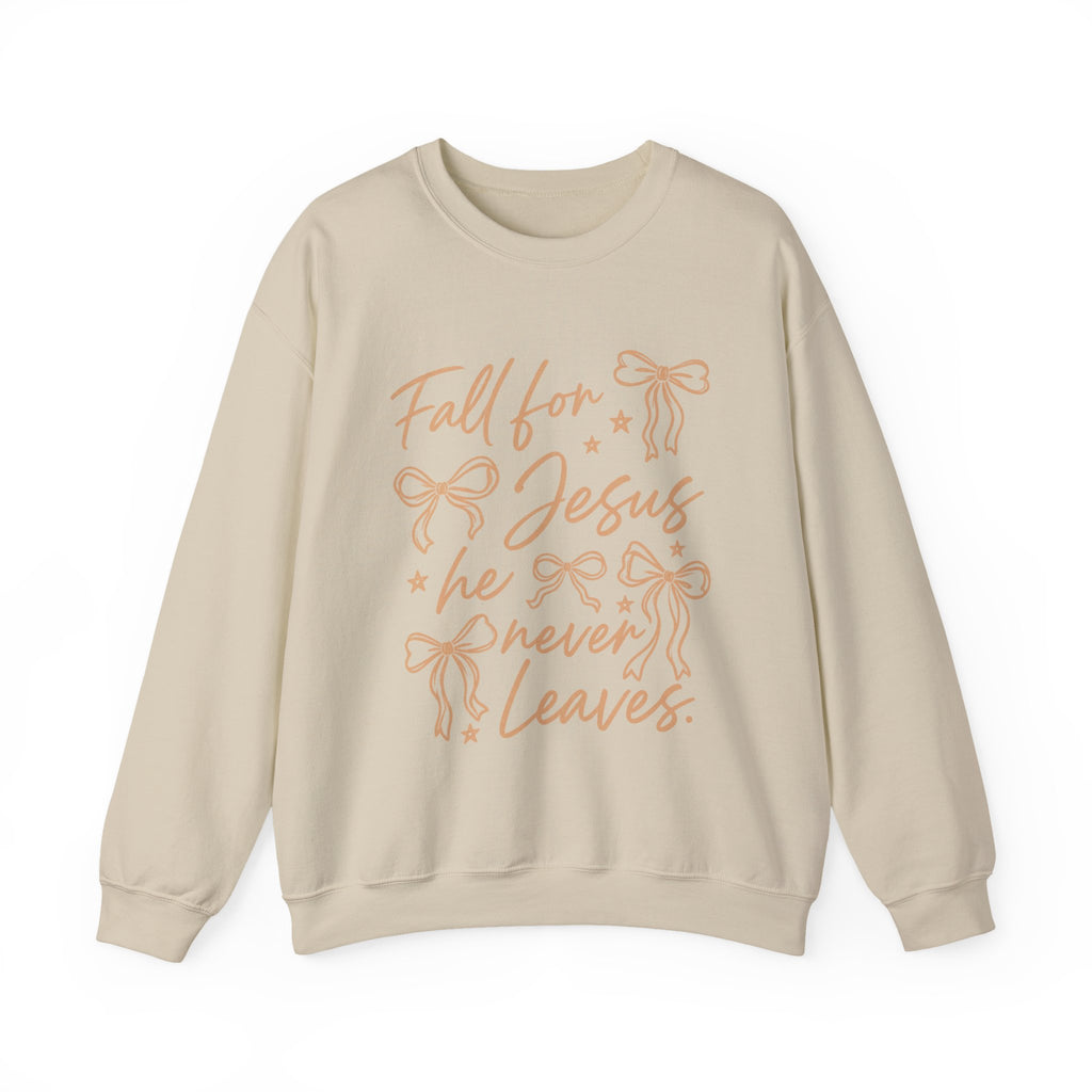 Christian Crewneck Sweatshirt – “Fall for Jesus, He Never Leaves” Autumn Faith Pullover