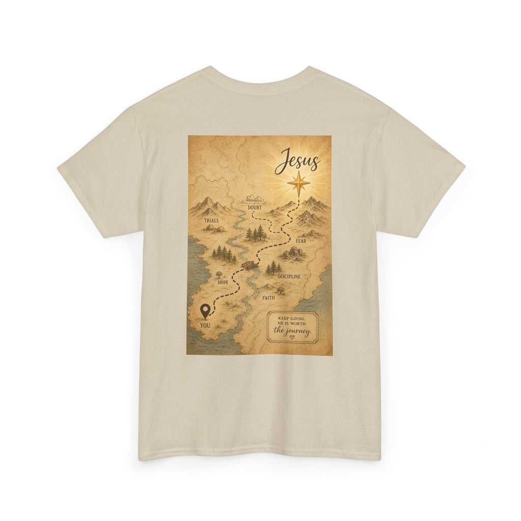 Christian Journey Tee — "Jesus is the Way" Map Back Print, Cross Chest Graphic