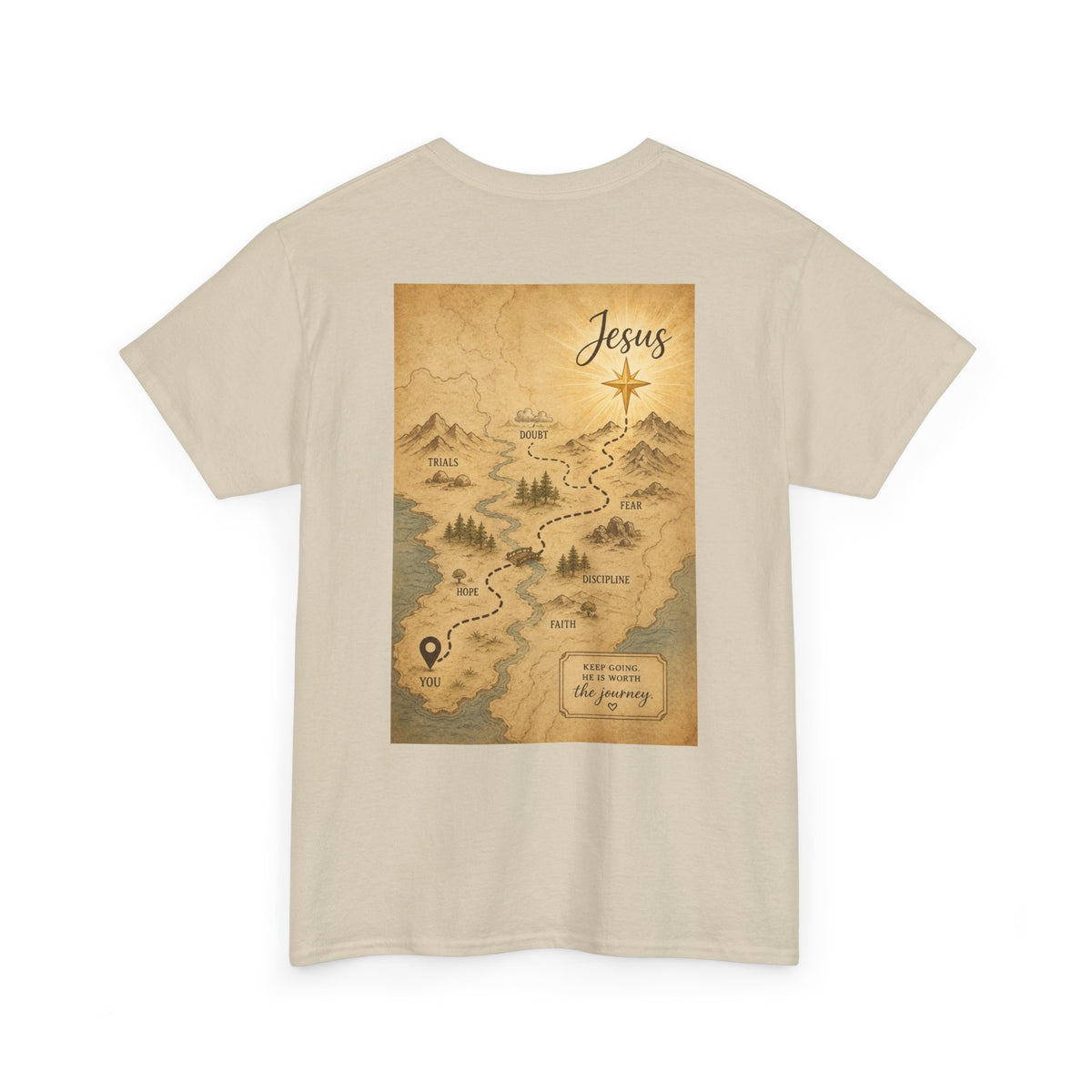 Christian Journey Tee — "Jesus is the Way" Map Back Print, Cross Chest Graphic