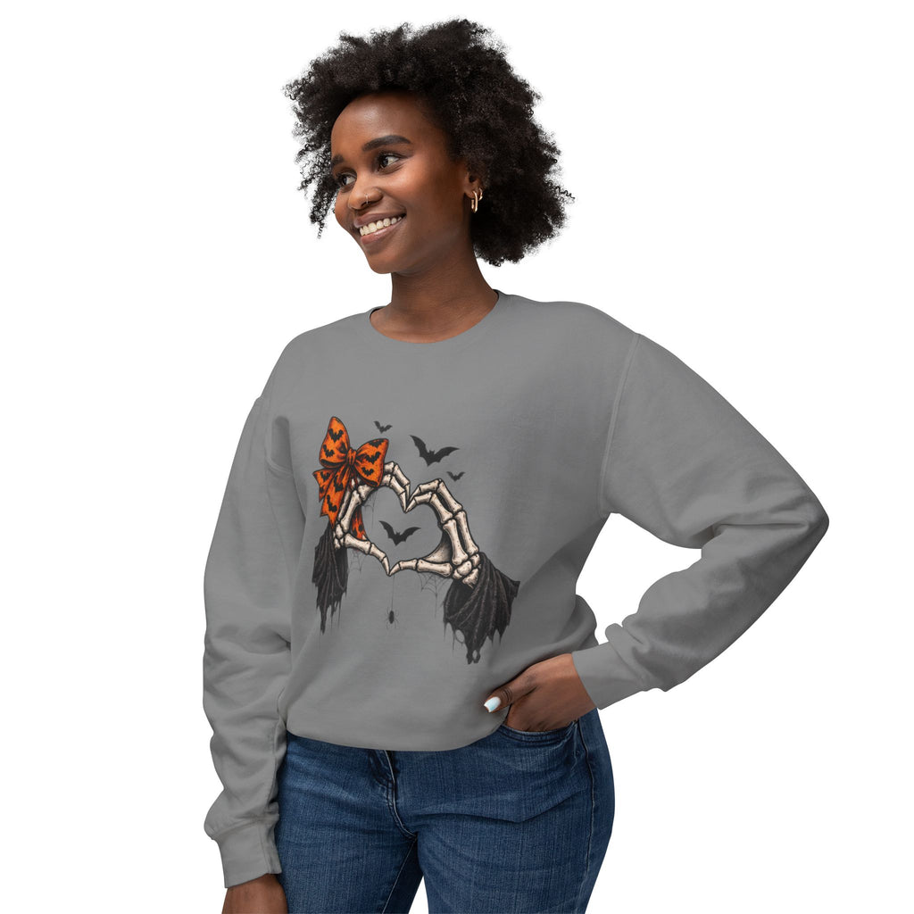 Halloween Skeleton Hands Crewneck Sweatshirt — Spooky Heart & Bat Design