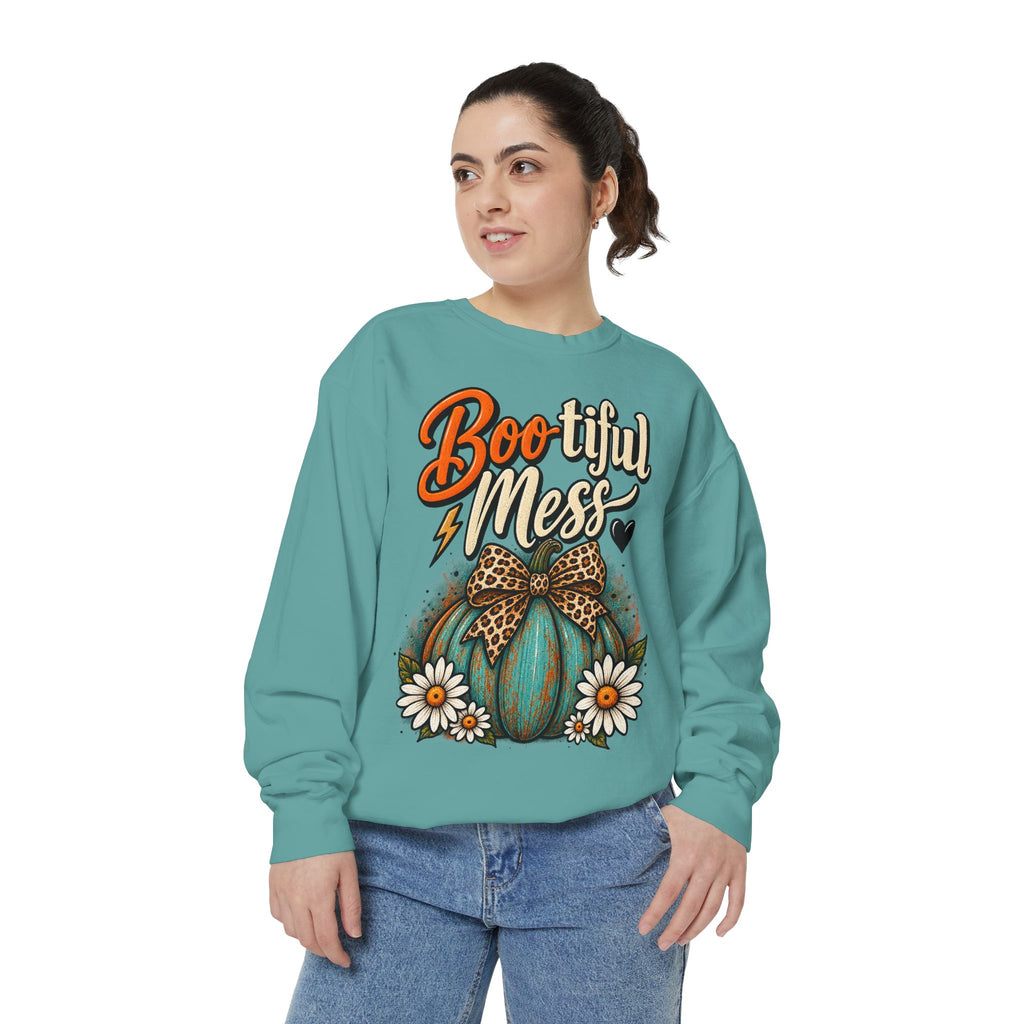 Boo-tiful Mess Sweatshirt – Teal Pumpkin with Leopard Bow & Daisies