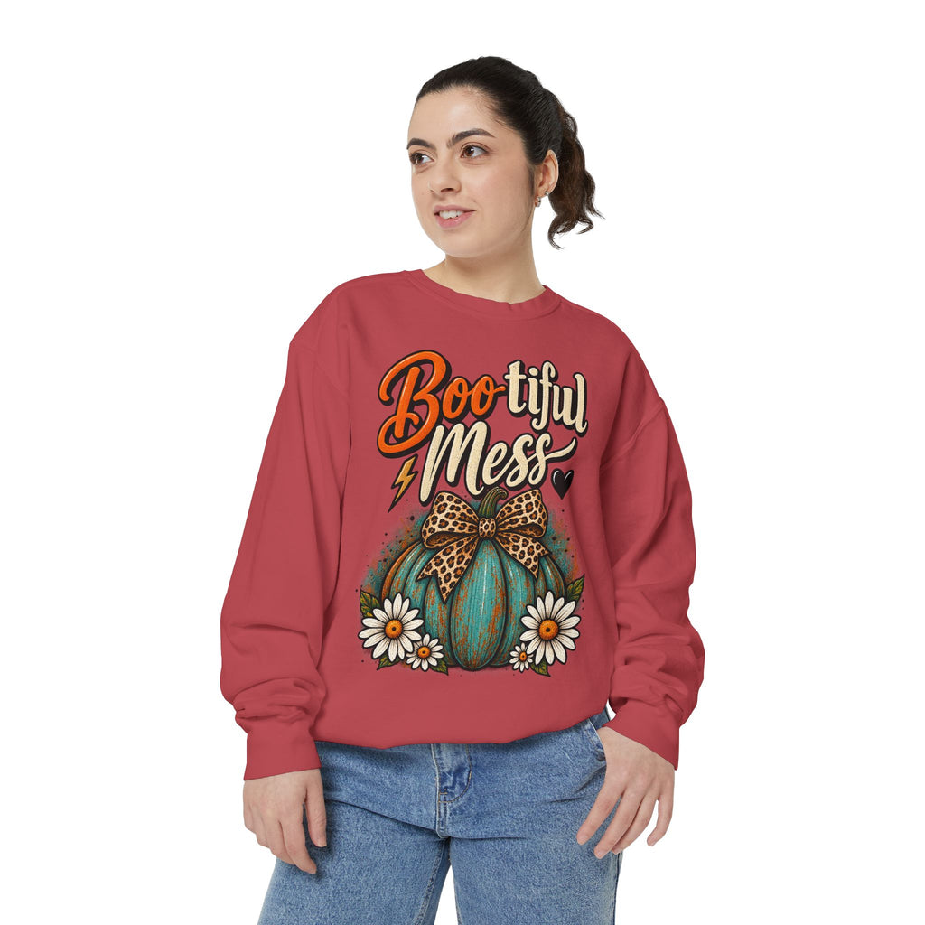 Boo-tiful Mess Sweatshirt – Teal Pumpkin with Leopard Bow & Daisies