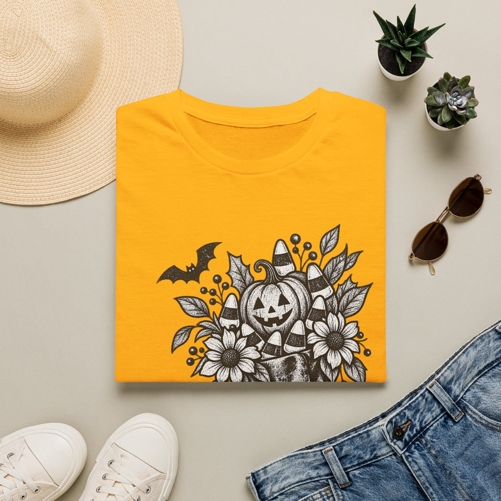 Halloween Boot Bouquet T‑Shirt — Pumpkin, Candy Corn & Bat Graphic