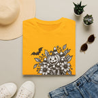 Halloween Boot Bouquet T‑Shirt — Pumpkin, Candy Corn & Bat Graphic
