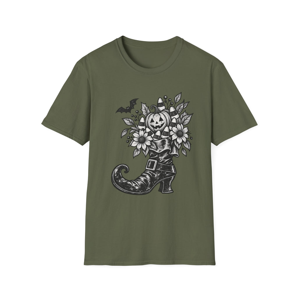 Halloween Boot Bouquet T‑Shirt — Pumpkin, Candy Corn & Bat Graphic