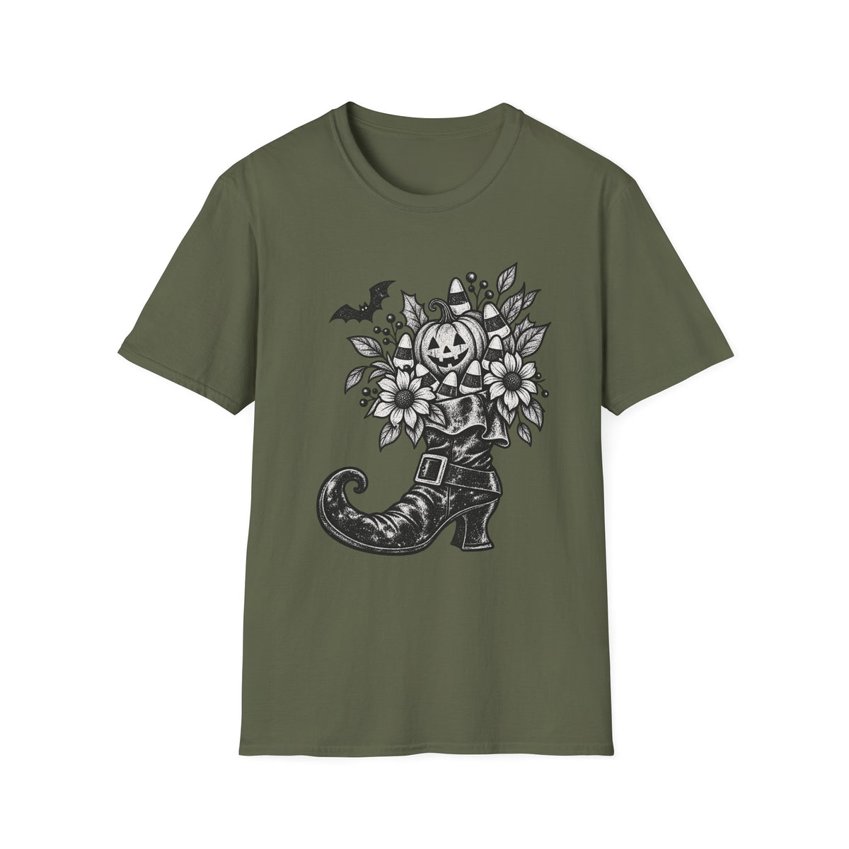 Halloween Boot Bouquet T‑Shirt — Pumpkin, Candy Corn & Bat Graphic
