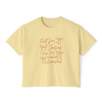 Women's Boxy Tee — "Fall for Jesus He Never Leaves" Faith Graphic Tee
